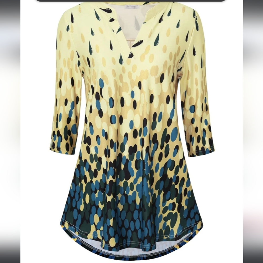 🔥BAISHENGGT Yellow Womens 3/4 Sleeve Floral Printed Notch V Neck Blouses…